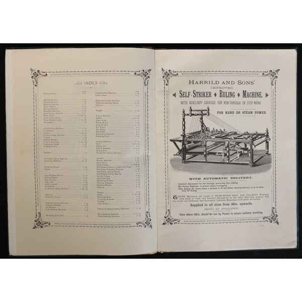 1892 yılında yayınlanan resimli mücellit makinaları ve malzemeleri kataloğunun 1988 tarihli tıpkı basımı: ILLUSTRATED CATALOGUE BOOKBINDERS´ MACHINERY, MATERIALS... (Harrild & Sons´), 48 sayfa, 23x33 cm...