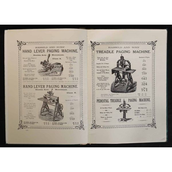 1892 yılında yayınlanan resimli mücellit makinaları ve malzemeleri kataloğunun 1988 tarihli tıpkı basımı: ILLUSTRATED CATALOGUE BOOKBINDERS´ MACHINERY, MATERIALS... (Harrild & Sons´), 48 sayfa, 23x33 cm...