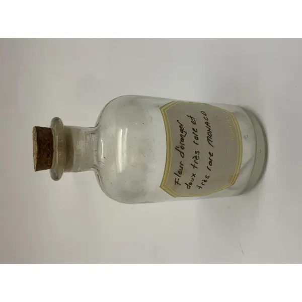 Fransızca yazılı cam ilaç şişesi, 11 cm...
