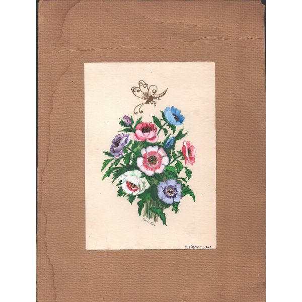 Sühey Ünver´in talebesi Heti Tav imzalı çiçek çalışması, 9 Haziran 1961, 22x29 cm...