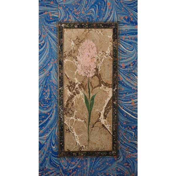 Mustafa Düzgünman´dan ıslak imzalı, görülen en erken çalışmalarından murakkalı sümbül ebrusu, 1968, 37x57 cm...