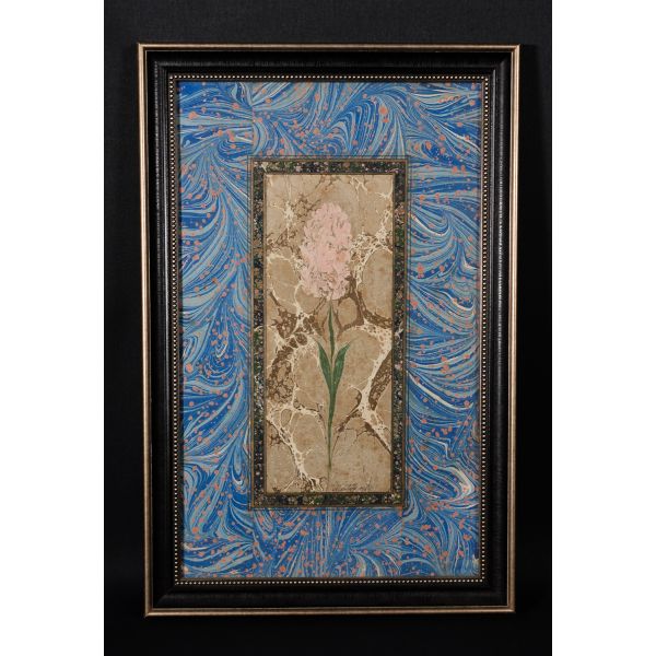 Mustafa Düzgünman´dan ıslak imzalı, görülen en erken çalışmalarından murakkalı sümbül ebrusu, 1968, 37x57 cm...