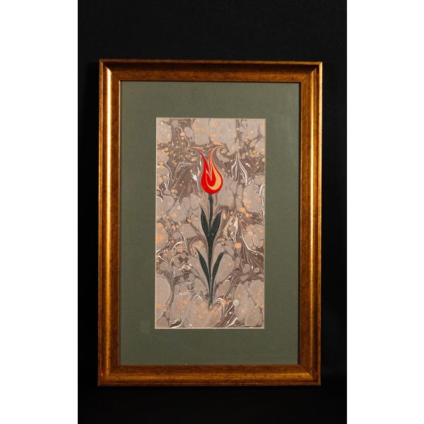 Mustafa Düzgünman ıslak imzalı, Lale ebrusu, 1990, ebru: 30x16 cm, çerçeve, 32x48 cm...