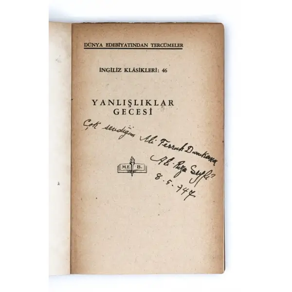 YANLIŞLIKLAR GECESİ, Oliver Goldsmith, Çeviren: Ali Rıza Seyfi, 1946, Milli Eğitim Basımevi, 114 sayfa, 12x18 cm…