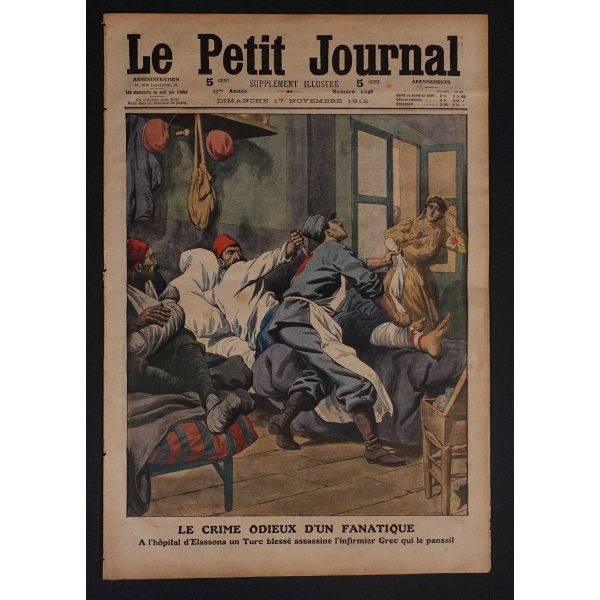 Balkan Savaşlarında Yunan askerini öldüren Osmanlı askeri kapaklı Le Petit Journal mecmuası, 1912 tarihli...