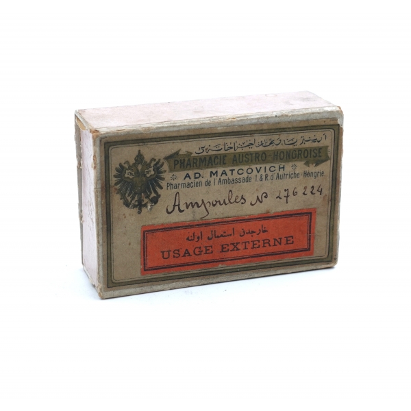 Osmanlıca ve Fransızca yazılı Avusturya-Macaristan Eczahanesi ilaç kutusu, 8 cm...