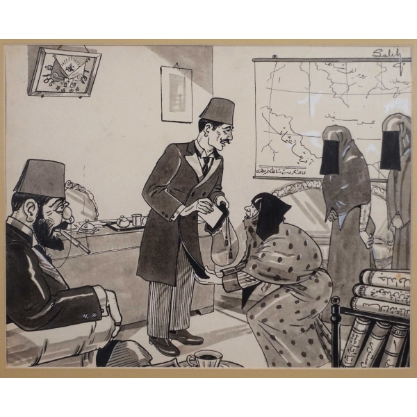 Salih Erimez imzalı beyzadeye arzuhal veren kadın çizimi, çerçevesiyle birlikte 53x61 cm...