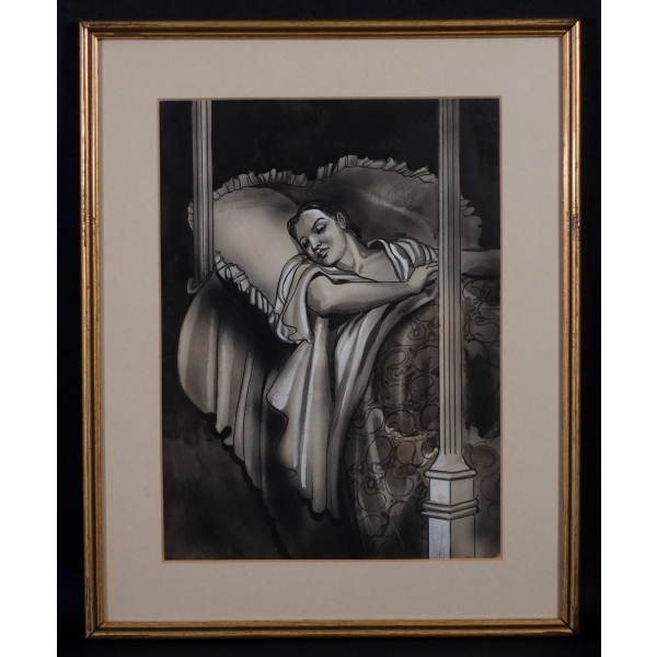 Münif Fehim fırçasından (imzasız) yatakta yatan kadın çizimi, çerçevesiyle birlikte 38x48 cm...