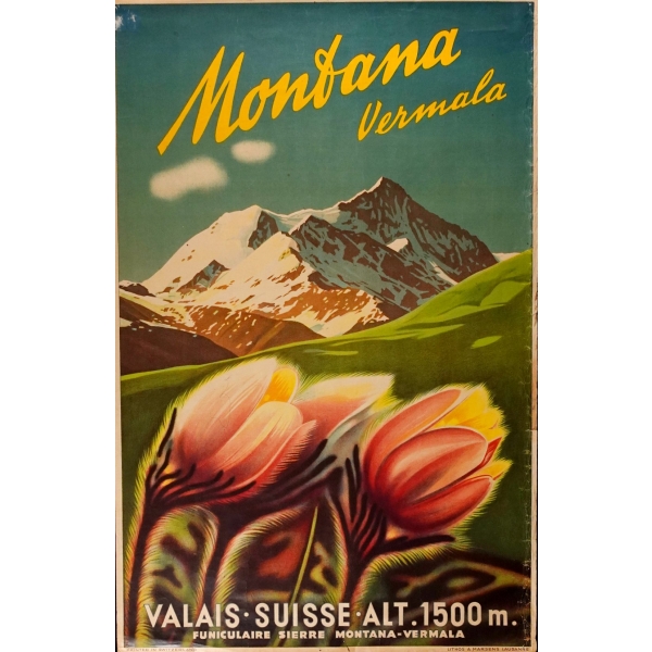 Montana - Vermala: Valais - Suisse - Alt. 1500 m., Funiculaire Sierre-Montana-Vermala, Printed in Switzerland - Lithos A. Marsens, Lausanne, 64x100 cm...