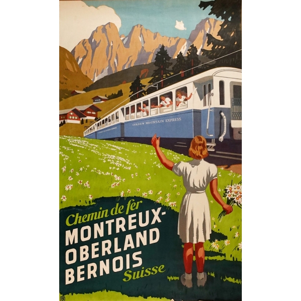 Chemin de fer Montreux Oberland bernois (Swisse), Printed in Switzerland - Fiedler S. A. La Chaux-De-Fonds, 64x102 cm...