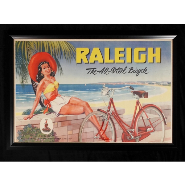 RALEIGH - The All-Steel Bicycle, A Product of Raleigh Industries Ltd. Nottingham, England, Printed in England by Hudson & Son Ltd., Birmingham, çerçevesiyle birlikte 81x56 cm...