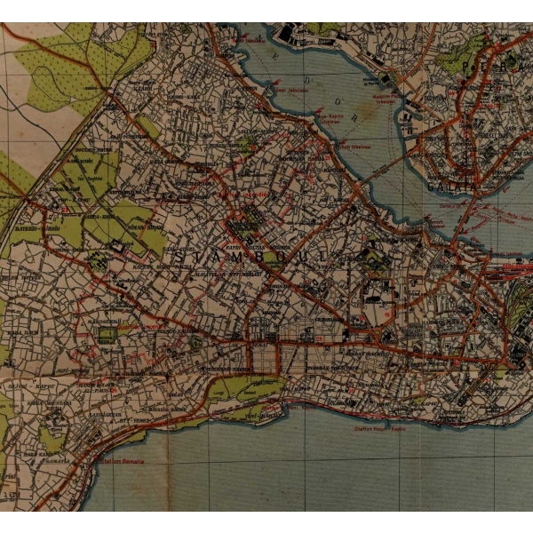 İstanbul (Tarihi yarımada) Beyoğlu, Galata Üsküdar ve kısmen Kadıköy´ün son derece kapsamlı şekilde hazırlanmış, 1922 tarihli Fransızca İstanbul haritası, 