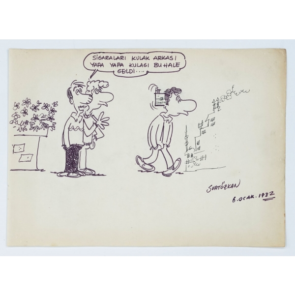 Suat Özkan imzalı, 6 Ocak 1982 tarihli karikatür, 33x24 cm...