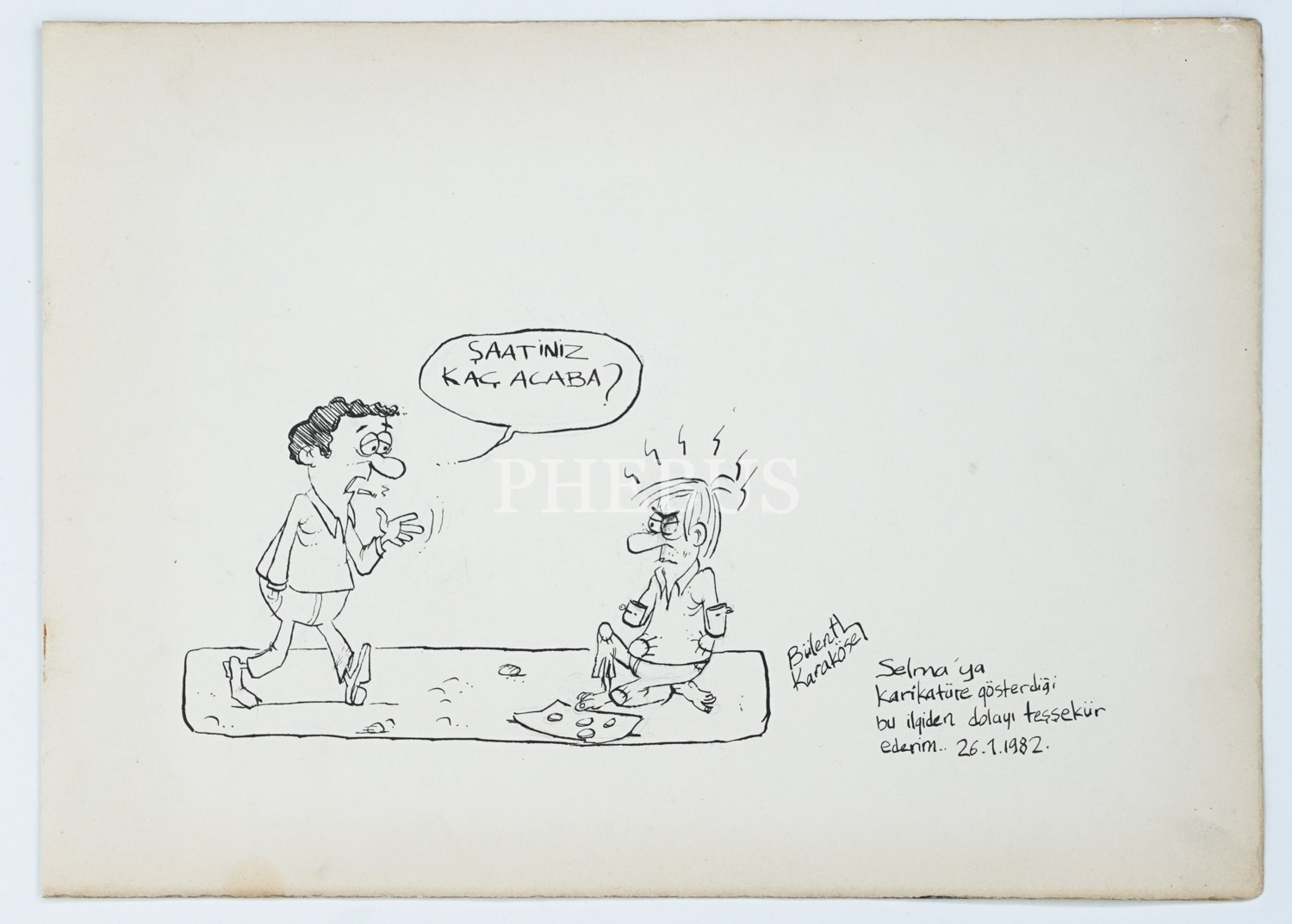 Bülent Karaköse imzalı, 26 Ocak 1982 tarihli karikatür, 33x24 cm...
