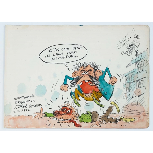 Cafer Yıldırım imzalı, 2 Şubat 1982 tarihli karikatür, 34x23 cm...