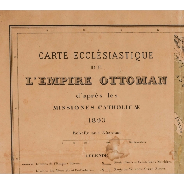 Osmanlı İmparatorluğu´ndaki Katolik Misyonları ve Nüfusu gösteren 1893 tarihli harita, 84x105 cm...