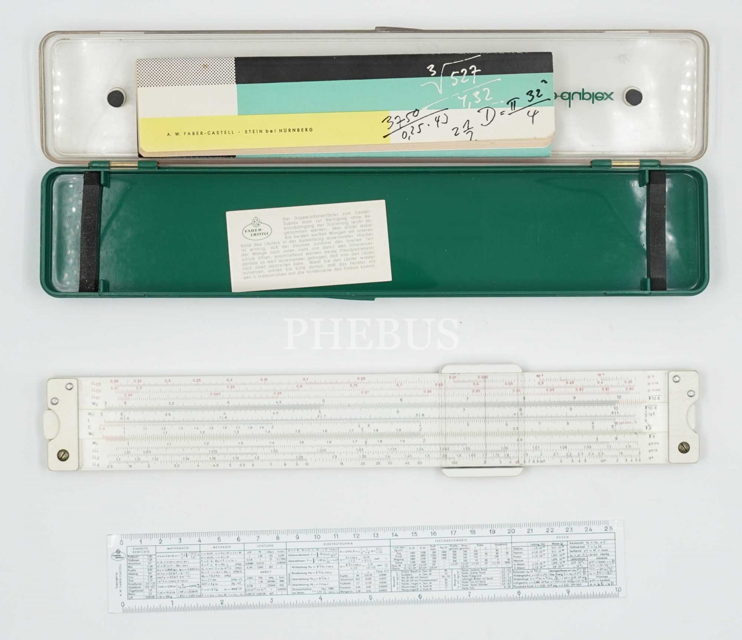 Kullanma talimatının da yer aldığı orijinal kutusunda Faber-Castell marka sürgülü hesap cetveli, 33 cm...