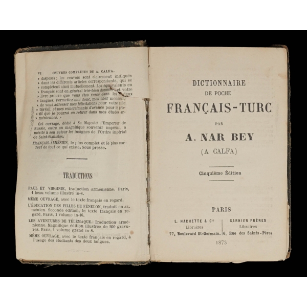 DICTIONNAIRE DE POCHE FRANÇAIS - TURC, Librairie Hachette, A. Nar Bey, 1873, 448 sayfa, 9x13 cm...