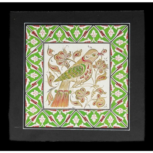 Nuri imzalı, kuş figürlü tezhip çalışması, paspartusuyla beraber 22x21 cm...