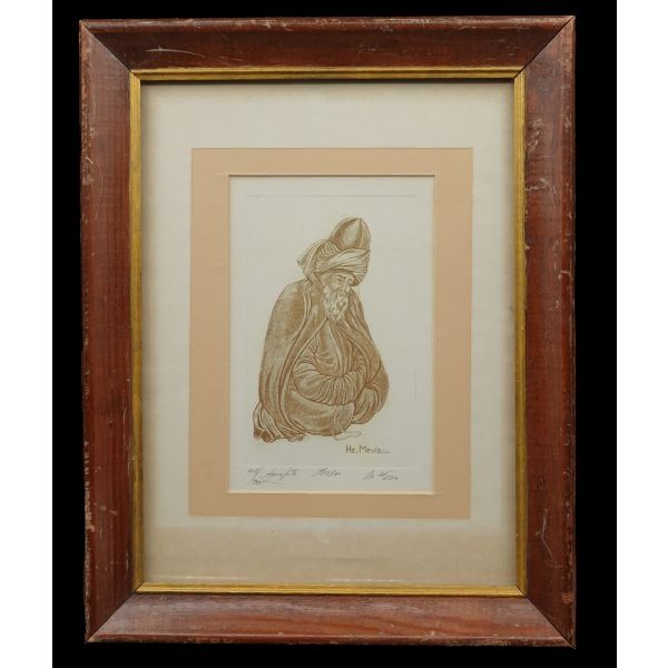 Ömer Dinçer Kılıç imzalı, Mevlana gravürü, çerçevesiyle birlikte 29x36 cm...