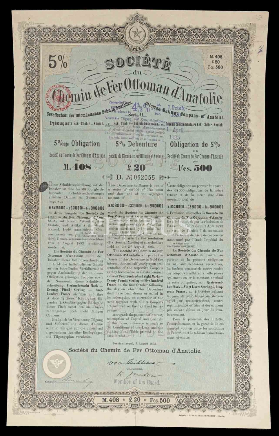Anadolu Demiryolları (Eskişehir-Konya Hattı) Osmanlı Anonim Şirketi, 1893 tarihli bir paylık hisse senedi...