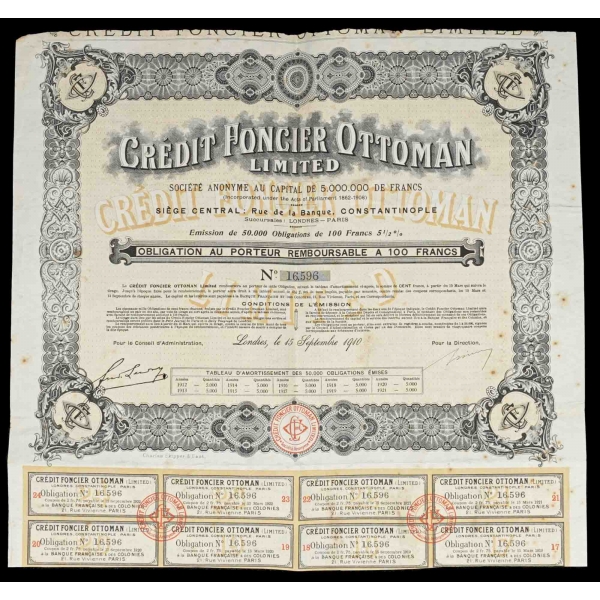 Credit Foncier Osmanlı Emlak ve İkrazat Bankası Anonim Şirketi, 1910 tarihli bir aksiyon hisse senedi...