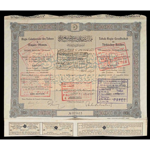 Tütün ve Reji Osmanlı Anonim Şirketi, 1914 tarihli bir aksiyon hisse senedi...