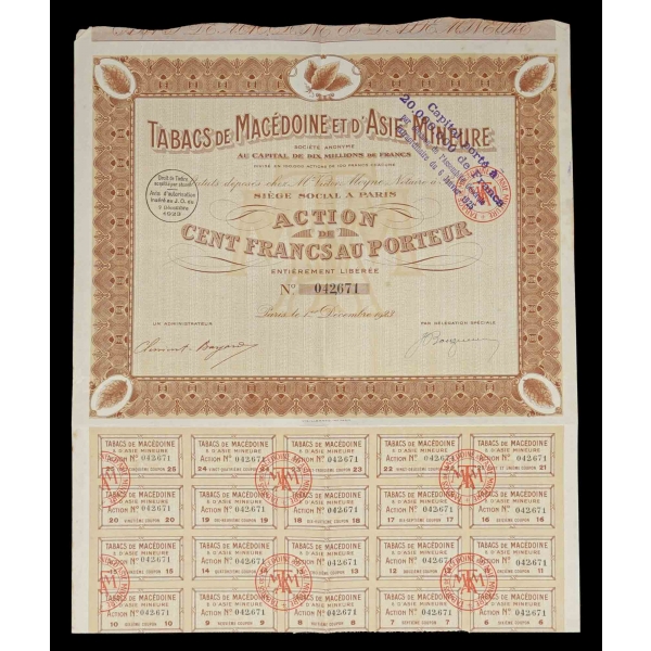 Makedonya ve Küçük Asya Tütünleri Anonim Şirketi, 1923 tarihli bir aksiyon hisse senedi...
