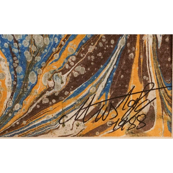 Mustafa Düzgünman´dan ıslak imzalı taraklı ebru, 1988, çerçevesinde 50x64 cm...