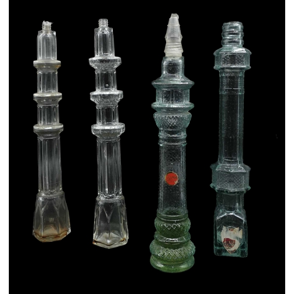 4 adet Minare şeklinde kolonya şişesi lotu, Ort; 31x5 cm...