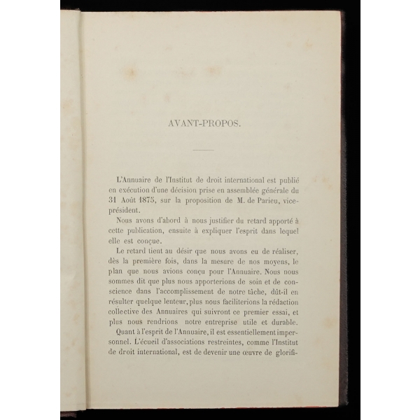 ANNAUAIRE DE L´ INSTITUT DE DROIT INTERNATIONAL, 1877, Durand et Pedone-Lauriel Paris, 388 sayfa, 14x20 cm...