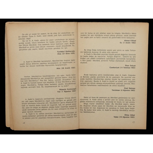 BUGÜNÜN DİLİYLE MEVLÂNÂ, Sadeleştiren: A. Kadir, 1966, İstanbul Matbaası, 106 sayfa, 14x20 cm