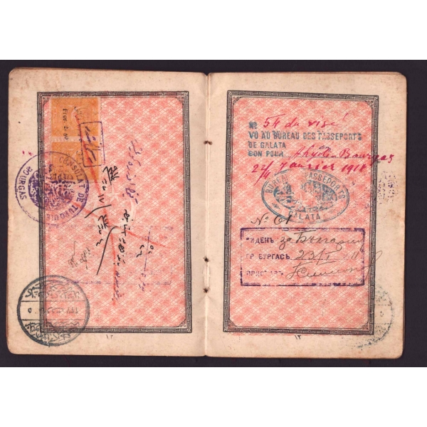 Osmanlı Devleti tarafından Echelle Bon Nesim´e verilen Sultan Beşinci Mehmet Reşad tuğralı pasaport, 10x14 cm...