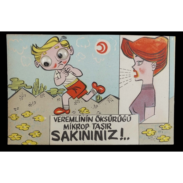 Türkiye Ulusal Verem Savaşı Derneği tarafından yayımlanan, vereme karşı tedbirler konulu altı adet çizim kartpostal, çizgiler meşhur karikatüristimiz Oğuz Aral'a aittir, 13x9 cm...