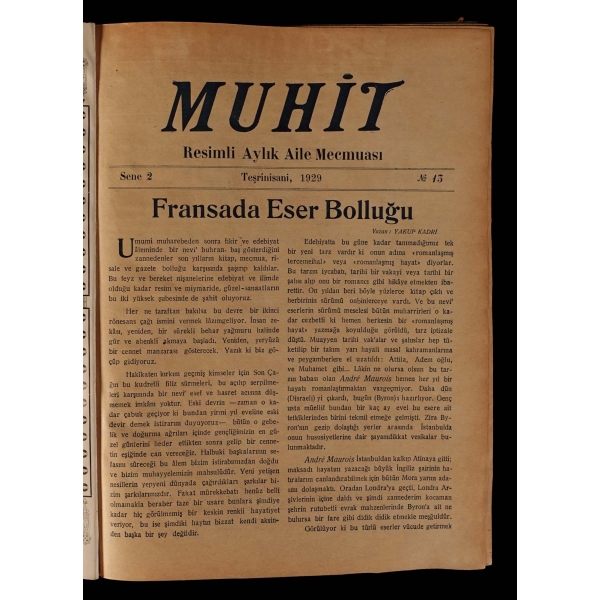 Teşrinisani 1929 ile Teşrinievvel 1930 tarihleri arasında yayımlanan MUHİT dergisinin 13-24 arası 12 sayısı, 24x30 cm...
