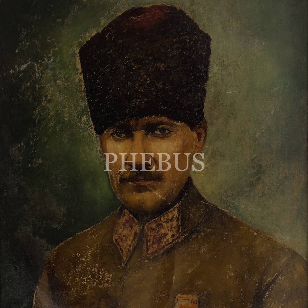 Mustafa Kemal Atatürk´ün, kimliği tespit edilemeyen usta bir ressam tarafından, mareşal üniforması ve İstiklal Madalyası ile tasvir edildiği, mukavva üzerine yağlıboya portresi; 43x55 cm, çerçeve 61x74 cm...