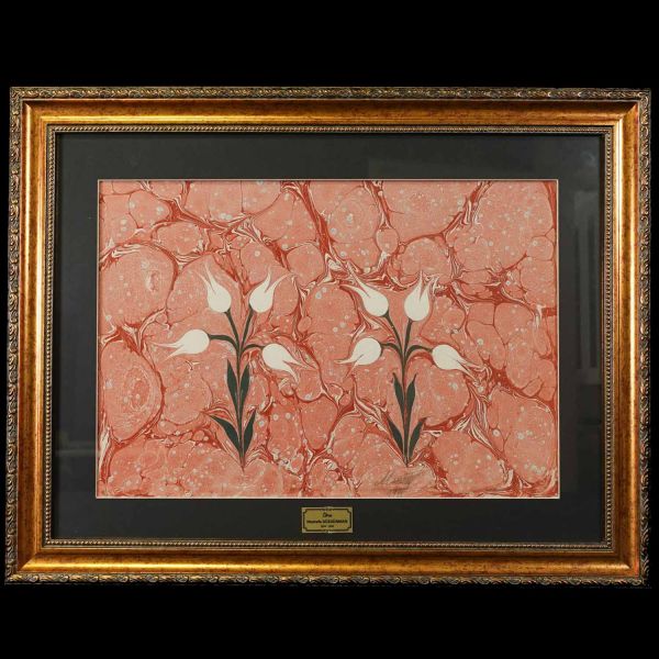 Mustafa Düzgünman´dan 1977 tarihinde imzalı çift çiçekli ebru, 65x50 cm...
