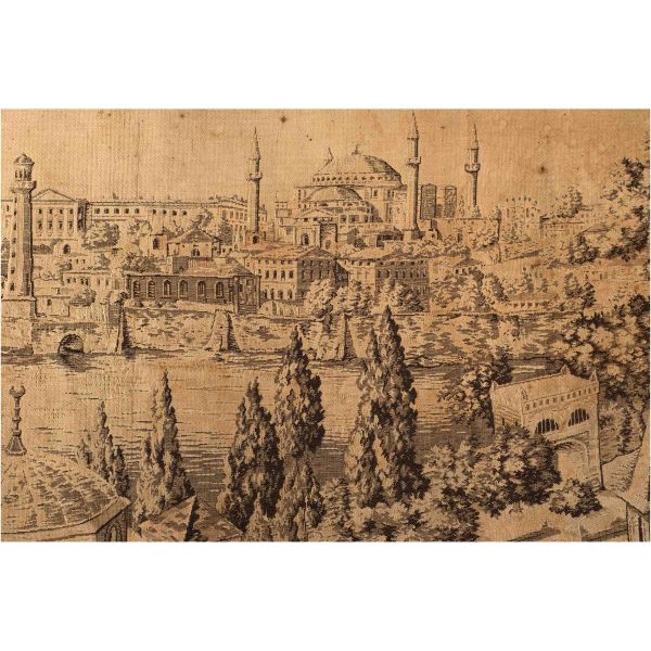 19. yüzyıl sonu - 20. yüzyıl başlarından, İstanbul (Constantinople) tasvirli goblen halı, 150x55 cm...