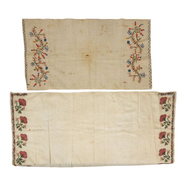 Osmanlı döneminden, keten üzerine renkli floral motifler işlenmiş iki adet yağlık, 89x43 cm - 68x38 cm...