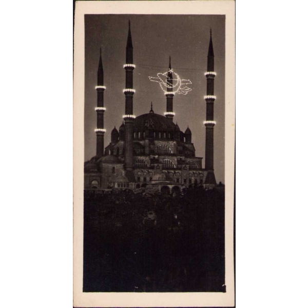 Selimiye Camii, Edirne, Uçak mahyalı, arkası bayram tebrikli, 1949,  4x8 cm