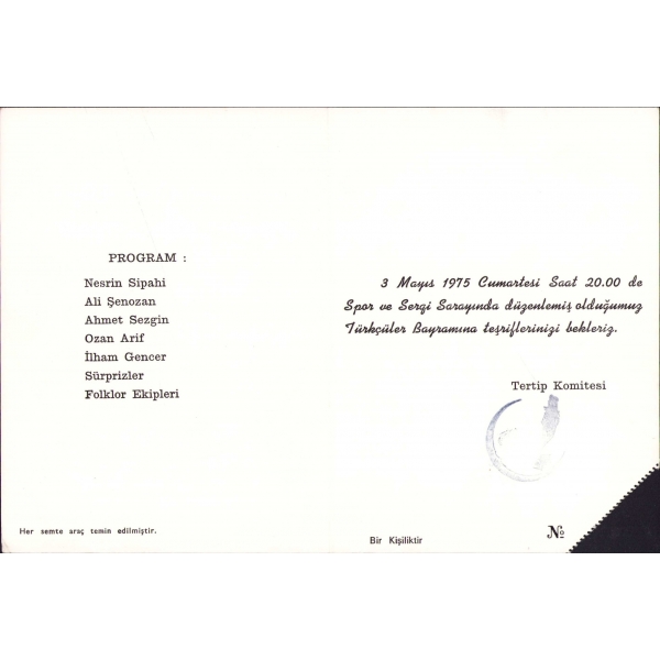 Bozkurt Gecesi - Türkçüler Bayramı tören davetiyesi, 3 Mayıs 1975, 11x15 cm
