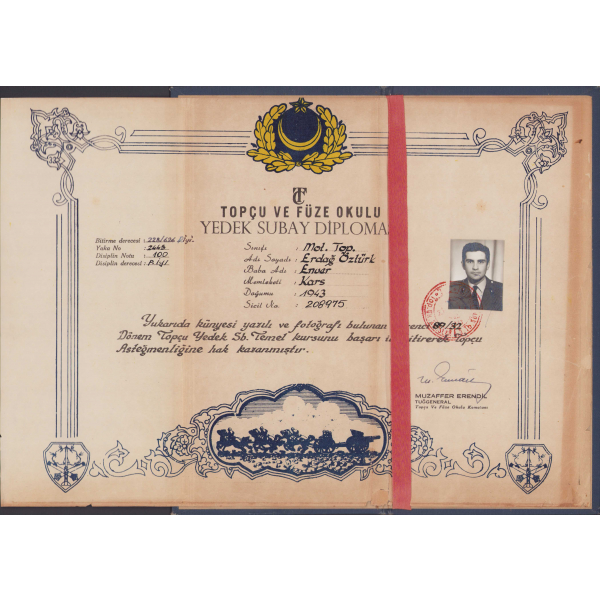 TC Topçu ve Füze Okulu Yedek Subay Diploması, 1968 tarihli, fotoğraflı, mühürlü, orjinal kabında, 35x25cm