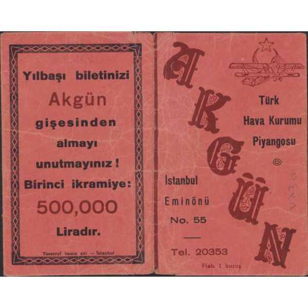 Türk Hava Kurumu Piyangosu bilet zarfı, İstanbul Eminönü Akgün gişesi reklamlı, Tasarruf Basım Evi, 8x12,5cm
