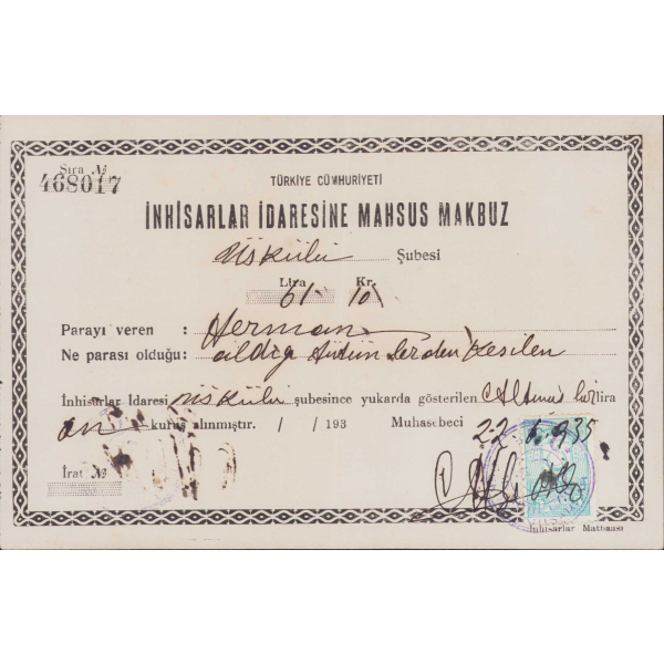 Türkiye Cumhuriyeti İnhisarlar İdaresi'ne mahsus makbuz, Üsküdar Şubesi, 1935 tarihli, pullu, mühürlü, 20x13cm