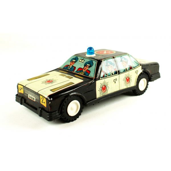 Gürel marka yerli oyuncak, sürtmeli trafik polisi, teneke, mavi tepe lambalı, 1980'ler, kendi kutusunda, 19x7,5cm