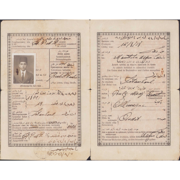 Osmanlı mürür tezkeresi, pasaport, 1918 tarihli, çok dilli, fotoğraflı, katlamalı iki yaprak dört sayfa, Osmanlı mühürlü, 15x23cm