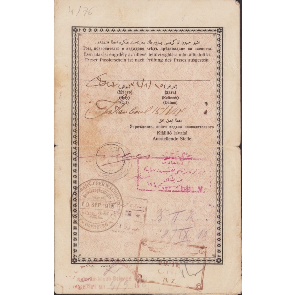 Osmanlı mürür tezkeresi, pasaport, 1918 tarihli, çok dilli, fotoğraflı, katlamalı iki yaprak dört sayfa, Osmanlı mühürlü, 15x23cm