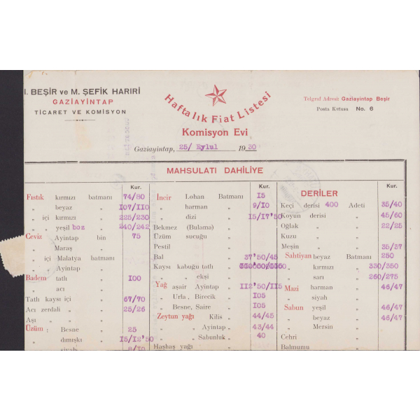 M. Beşir ve M. Şefik Hariri Gazi Ayıntap Ticaret ve Komisyon şirketi antetli zarf ve antetli ticari yazışma, postadan geçmiş, 1930 tarihli, Kütahya Armutçizade Süleyman Şükri Efendi adresli, 23x33cm