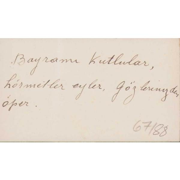 Kocaeli Mubusu İbrahim Süreyya Yiğit'ya ait kartvizit, arkası bayram tebriği yazılı, 9,5x5,5cm