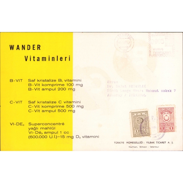 Postadan geçmiş, pullu damgalı Wander Vitaminleri el ilanı, 21x13 cm